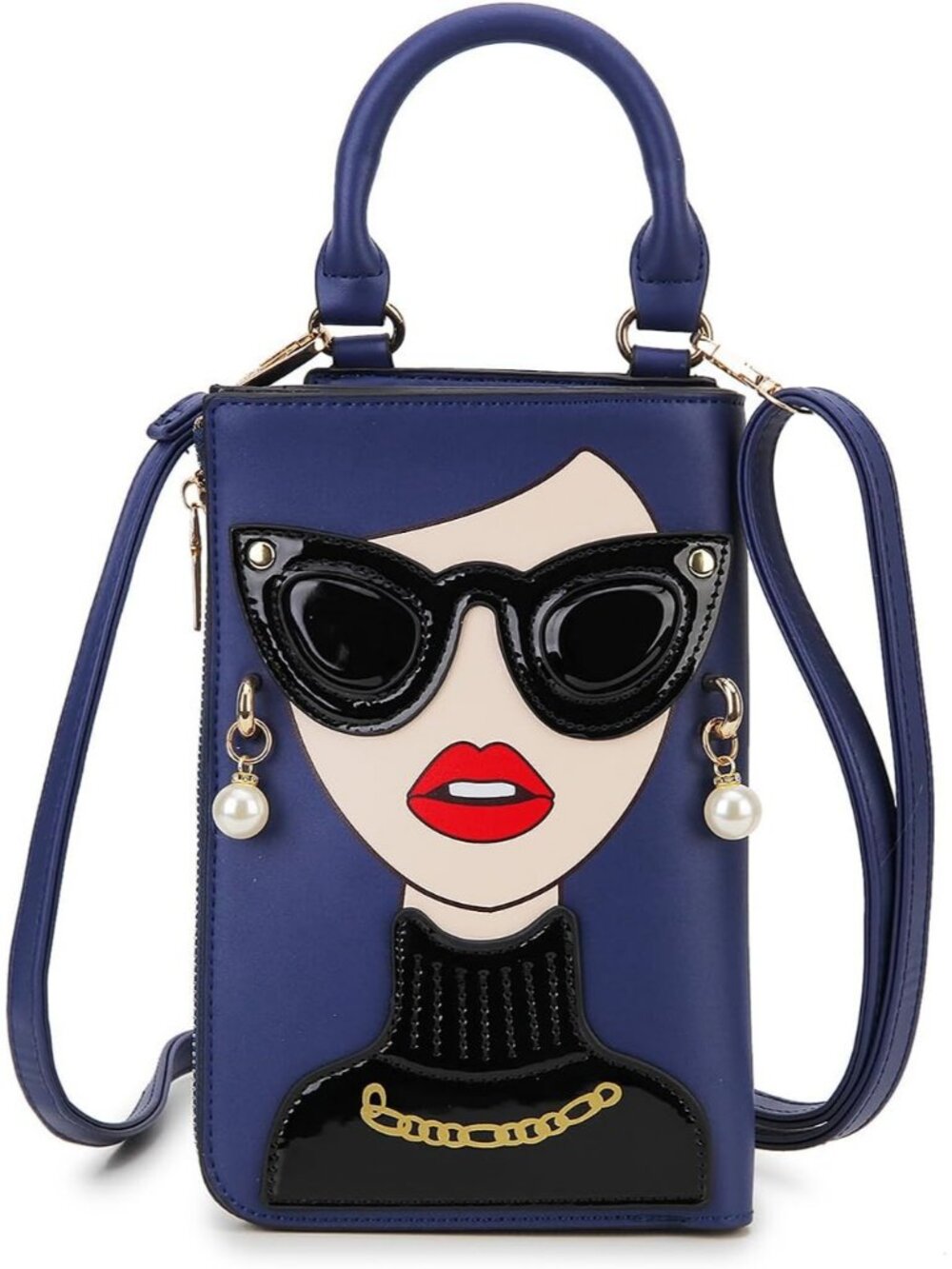 Women Deep Blue Novelty Lady Face PU Leather Shoulder Bag Handle Satchel Clutch